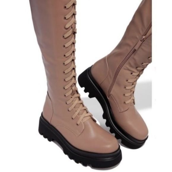 !! NEW !! Knee High Lack Up Combat Boots with Side Zip in Taupe - Picture 4 of 8